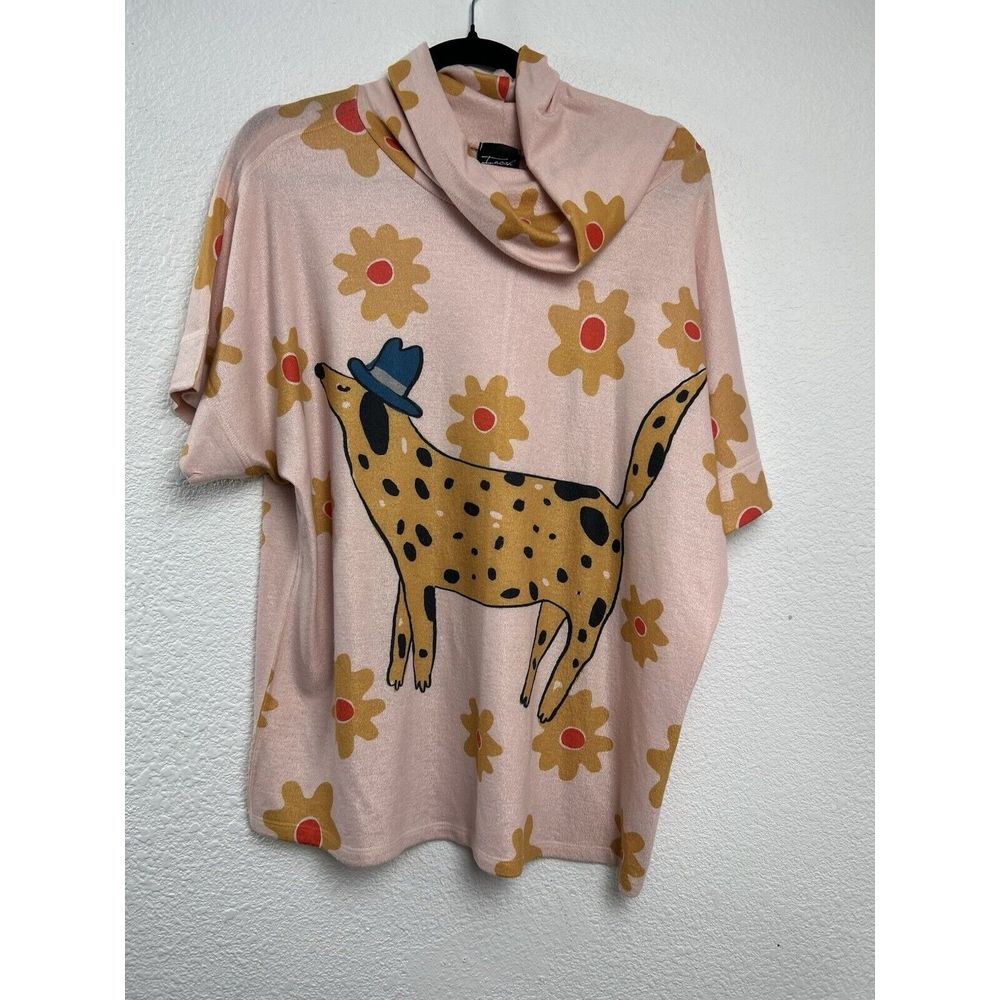 Inoah Short Sleeve Tunic Top Cowl Neck Pink Knit Size S Dog Flowers